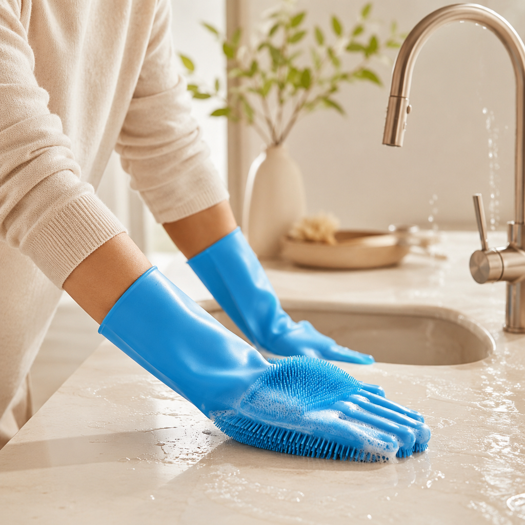 Silicone cleaning gloves with buo