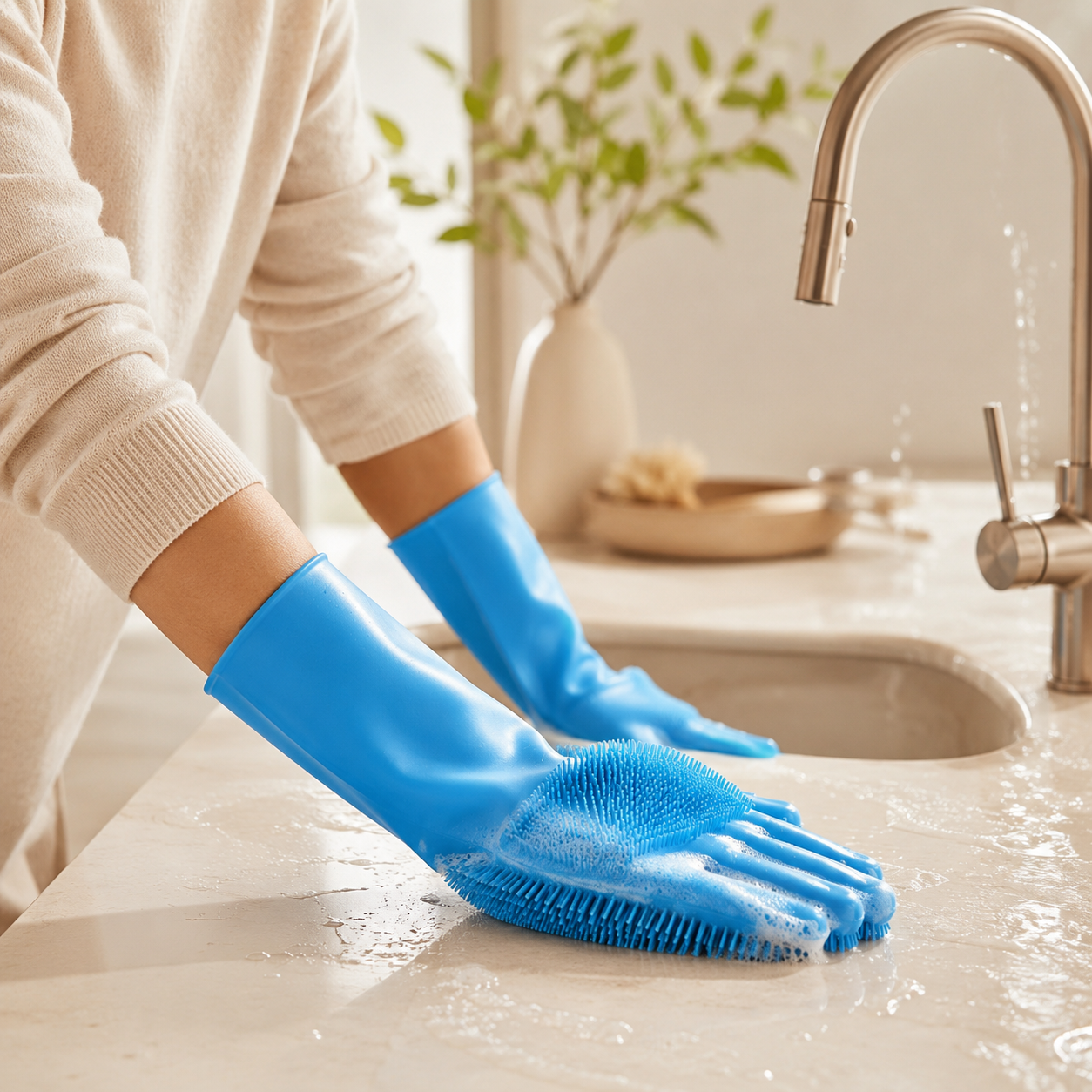 Silicone cleaning gloves with buo