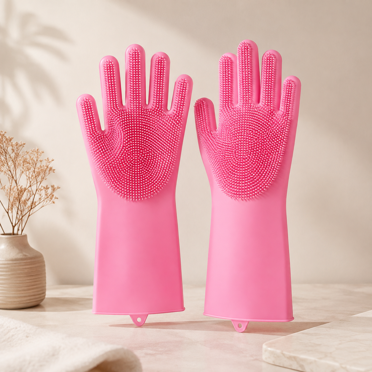 Silicone cleaning gloves with buo