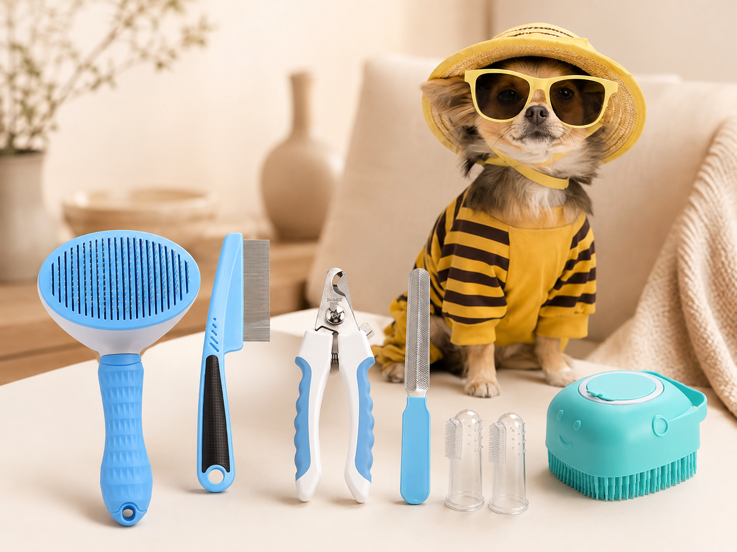 7pcs Pet Grooming Kit, Self-Cleaning Brush Shedding Kit With Nail Clipper, Flea Comb, Shampoo Bath Brush, Finger Toothbrush