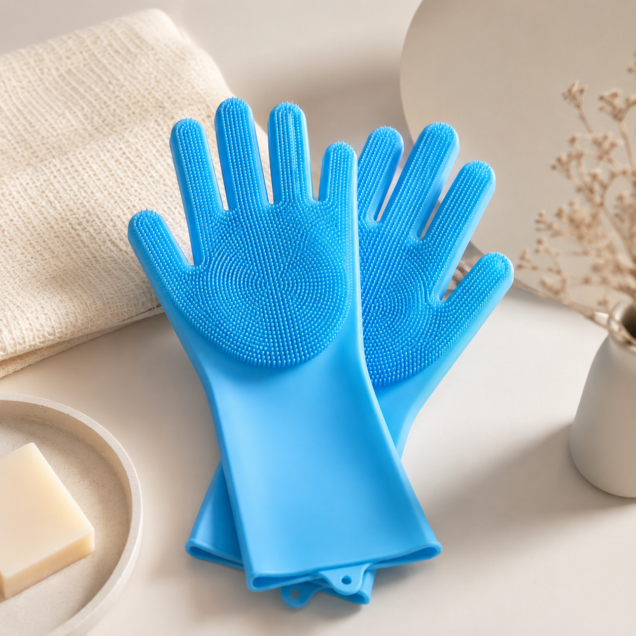 Silicone cleaning gloves with buo