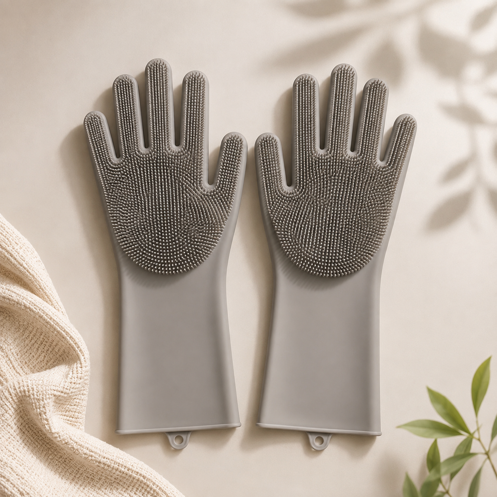 Silicone cleaning gloves with buo