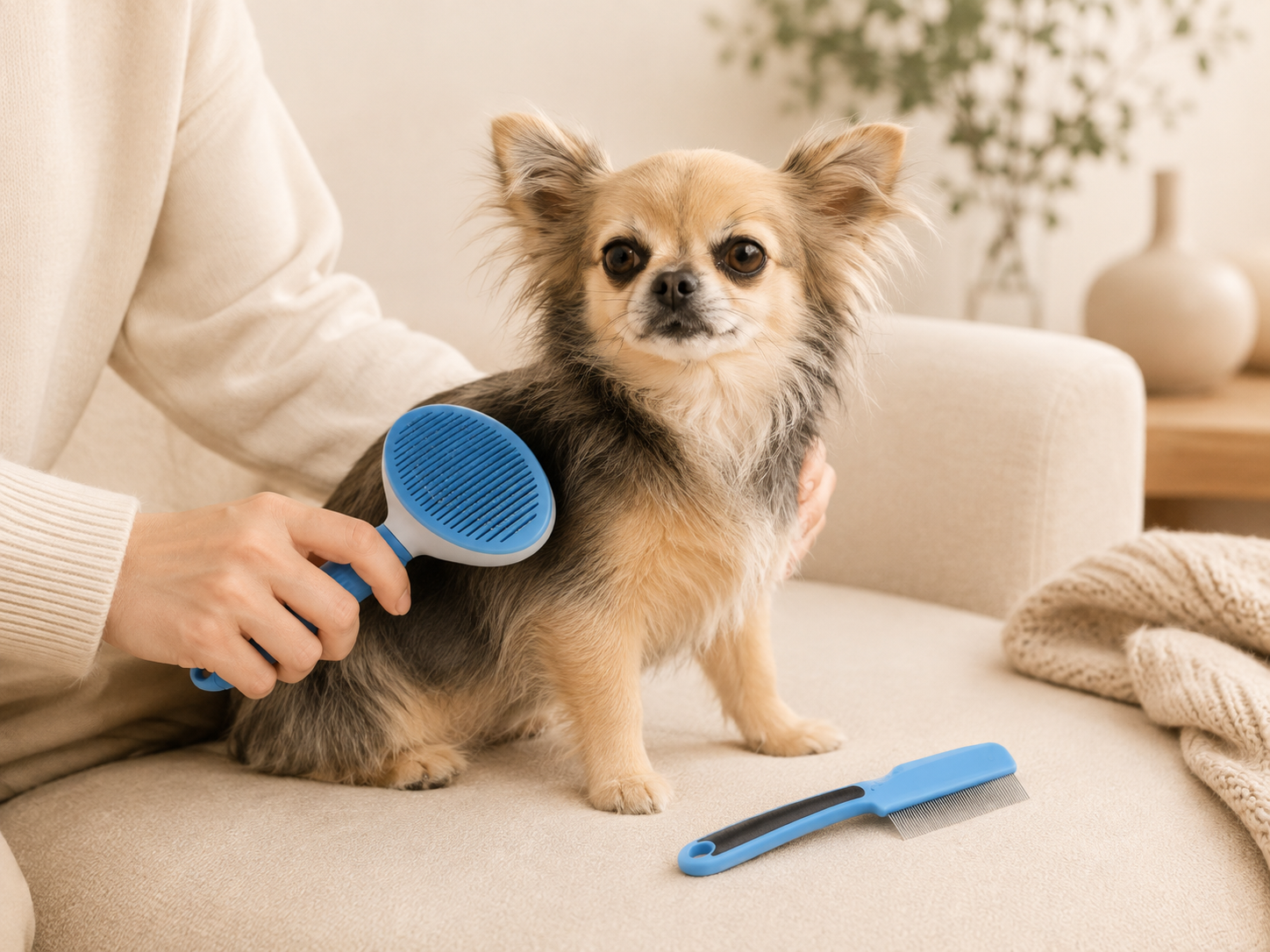 7pcs Pet Grooming Kit, Self-Cleaning Brush Shedding Kit With Nail Clipper, Flea Comb, Shampoo Bath Brush, Finger Toothbrush